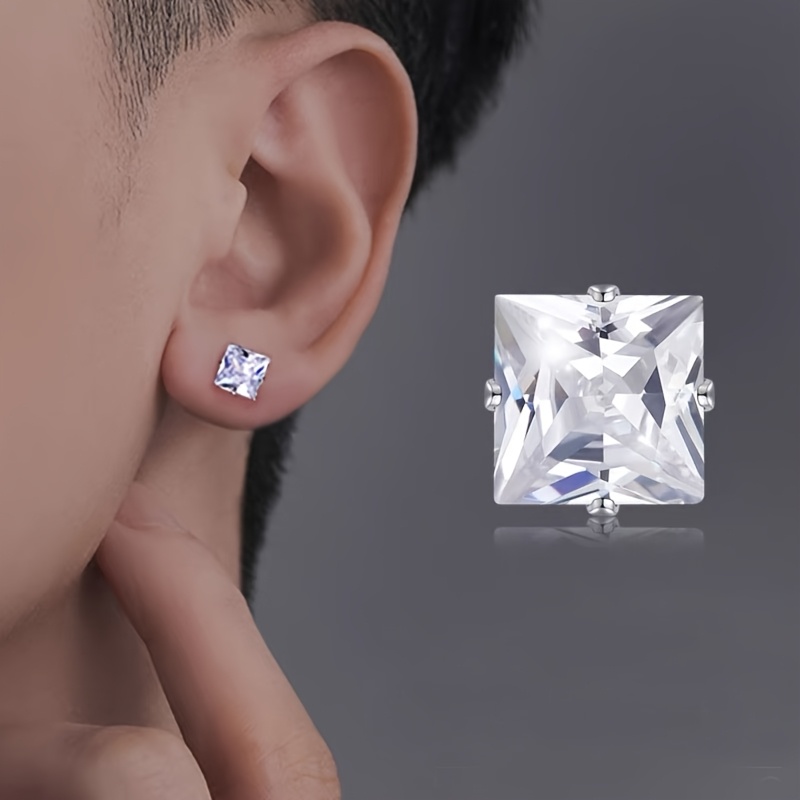 2pcs Stainless Steel Square Synthetic Zircon Stud Earrings